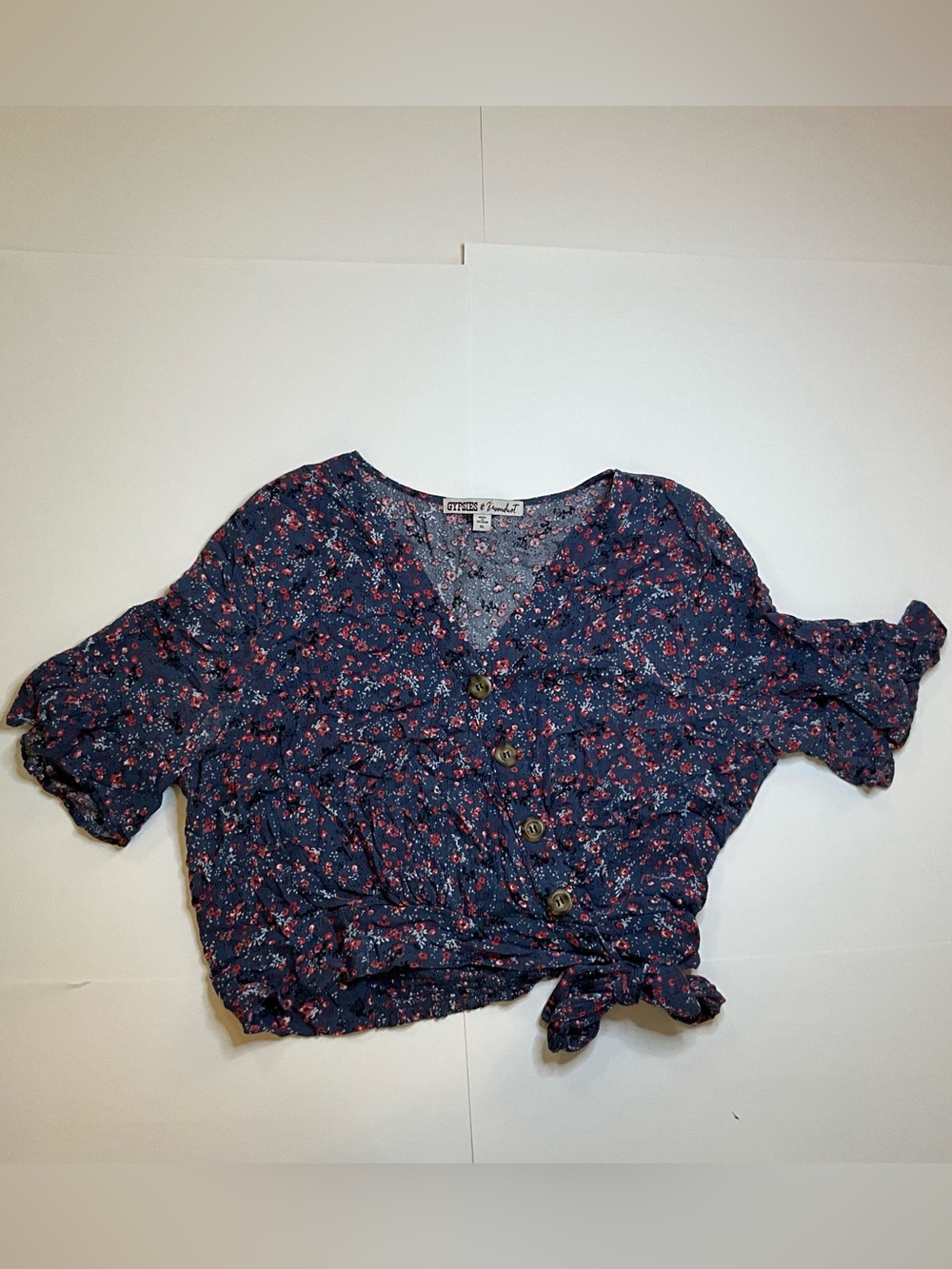 Gypsies & Moondust Floral Tie Front Crop Top Boho Blue Size XL